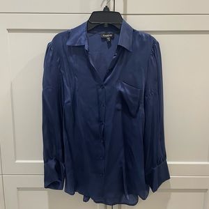100% SILK NAVY BLUE LONG SLEEVE BUTTON DOWN TOP